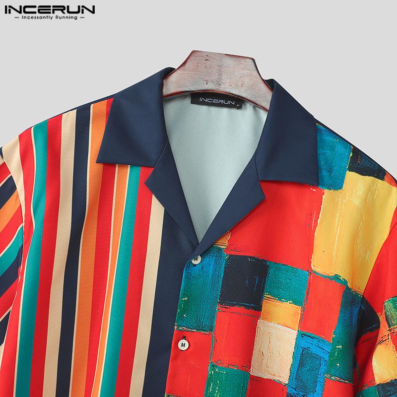INCERUN Summer Oversized Men Lapel Striped Plaid Print Buttons Up Casual Hawaiian Shirts
