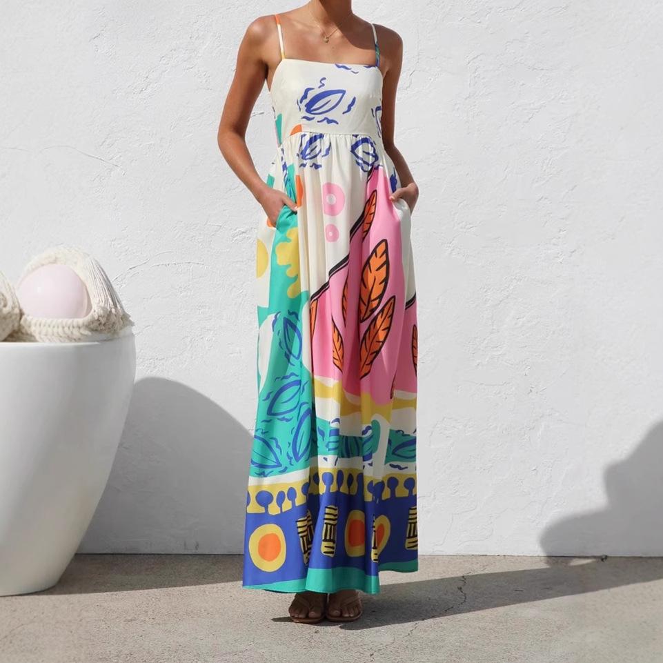 Women's Boho Floral Beach Sundress Sleeveless Summer  Maxi Dress Spaghetti Straps Casual Smocked Flowy A-Line Dress Party Long Dresses for Women