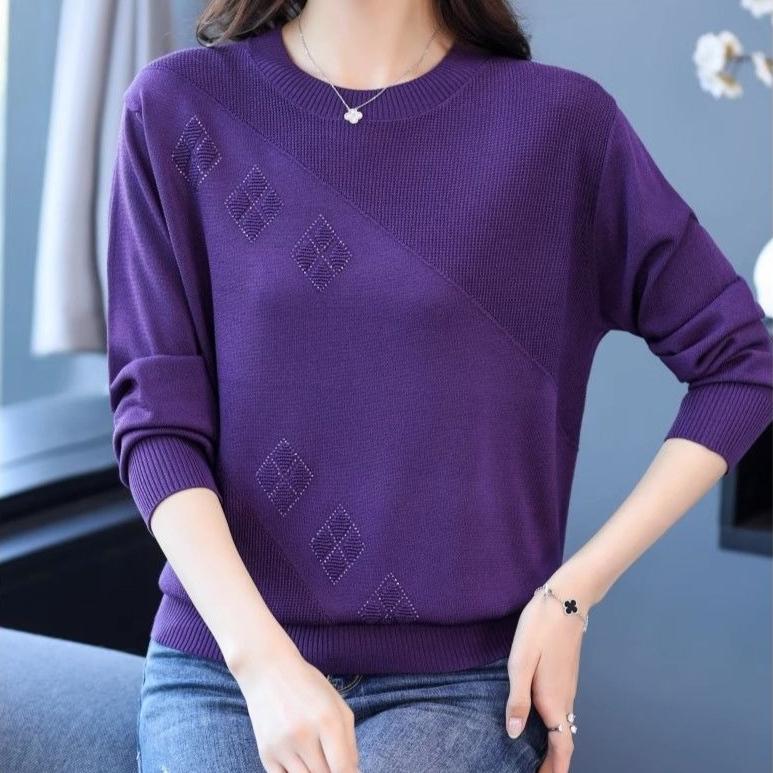 Women's Thin Crew Neck Knit Sweater Spring and Autumn Loose Solid Color Knit Pullover Top