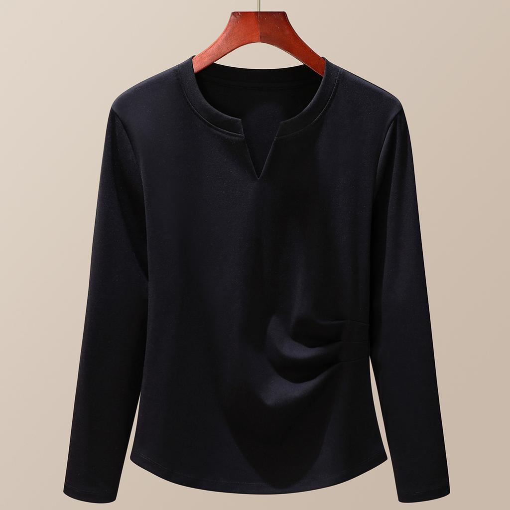 Design sense small solid color long-sleeved women's clothing autumn clothing new niche pleated slim-fit bottoming shirt top