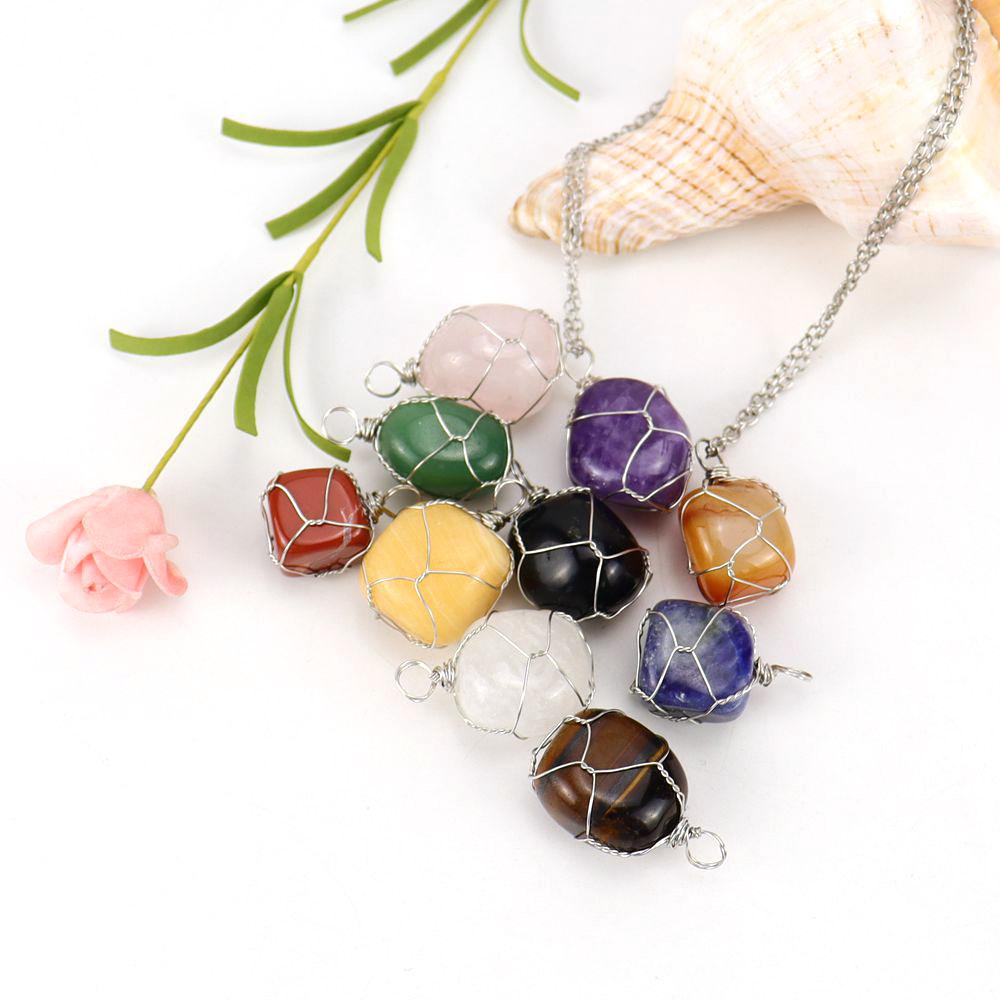 Handmade Silver Wire Winding Irregular Conformal Natural Stone Crystal Rough Stone Pendant Necklace N670