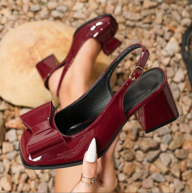 Size36-45 Women Slingback Chunky Heel Comfort Square Toe Pumps Mary Jane Baotou Women Sandals Summer Thick Heels High Heel Shoes