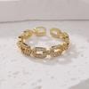 Gold Sliver Color Link Chain Shape Paved Diamond Cuff Rings For Women Copper Adjustable Figure Accessory