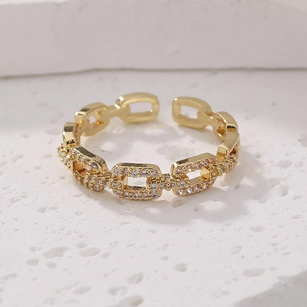 Gold Sliver Color Link Chain Shape Paved Diamond Cuff Rings For Women Copper Adjustable Figure Accessory