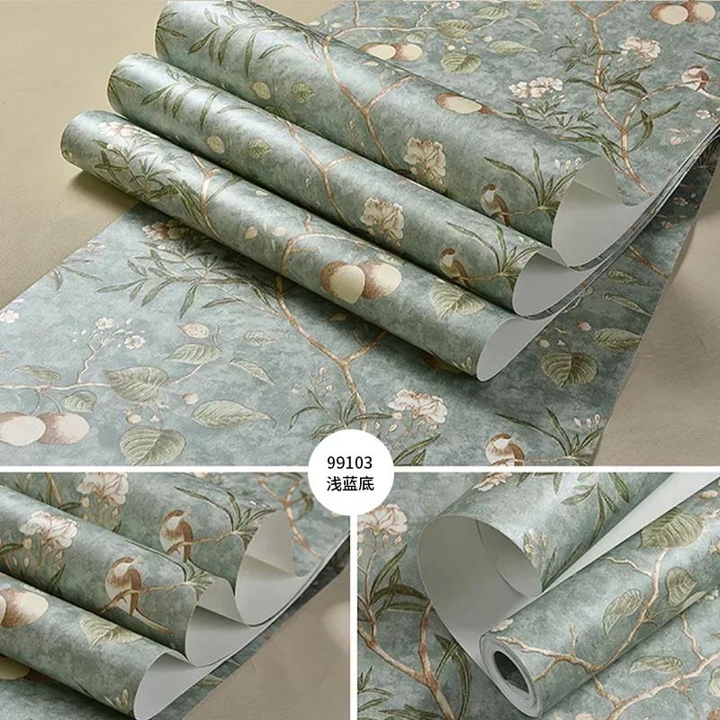 

Vintage Floral Butterfly Birds Wallpaper Wardrobe Refurbished Non-Self Adhesive Non Woven Wallpaper in Roll Bedroom Decoration 53cmx9.5m світло-синій колір