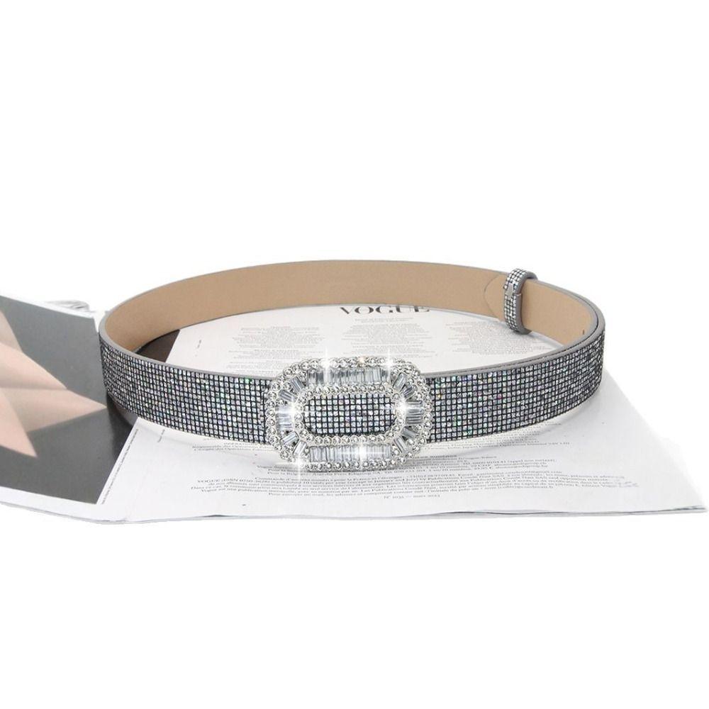 Versatile Sparkling Rhinestone Belt Bling Bling Slide Buckle Belt Fashion PU Leather Belt  Women