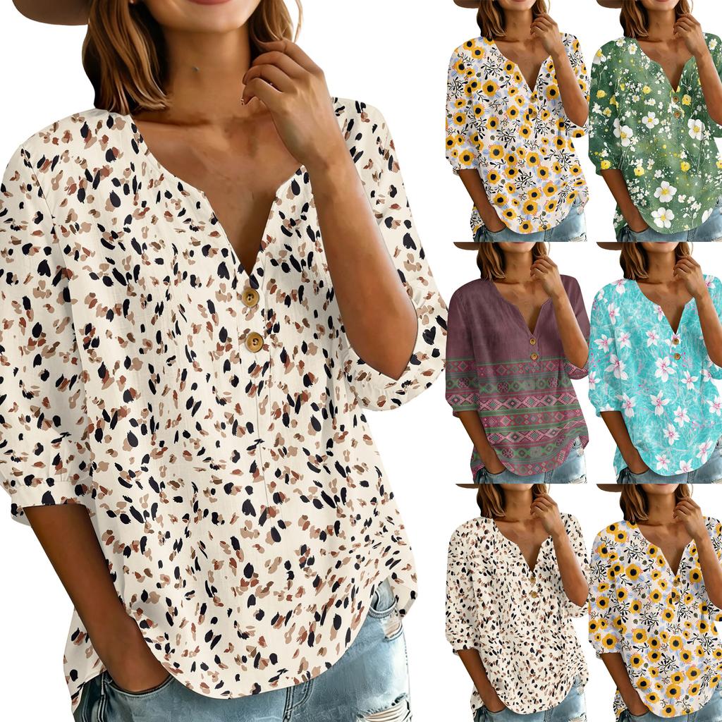 Women’s Floral Print Cotton Linen Shirt with Henley Button Neckline and Three Quarter Sleeves Casual Loose Fit Blouse Top