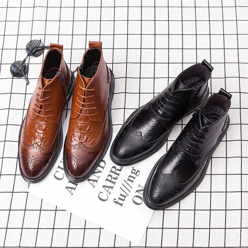 Business Chelsea Boots Mens Winter Ankle Boots Men Leather Zipper Side Thick Artificial Fur Snow Boots Men Winter Dress Shoes