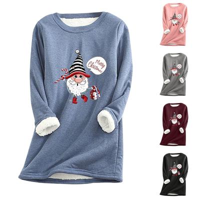 Women Christmas Thick Fleece Printing Sweatshirt Warm Underwear Top