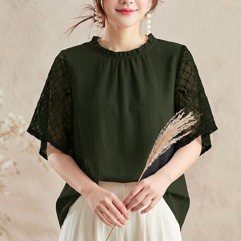 ZANZEA Women Casual Round Neck Lace Splice Half Sleeve Blouse
