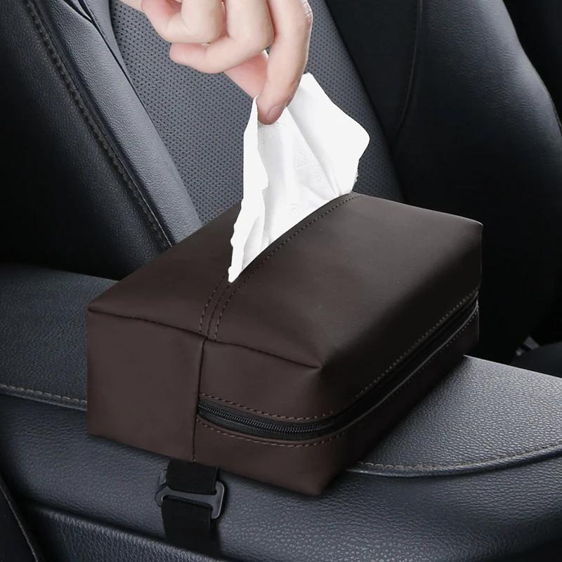 Car Tissue Box Holder Nappa Leather Car Center Console Armrest Napkin Box Sun Visor Backseat Tissue Case with Fix Strap