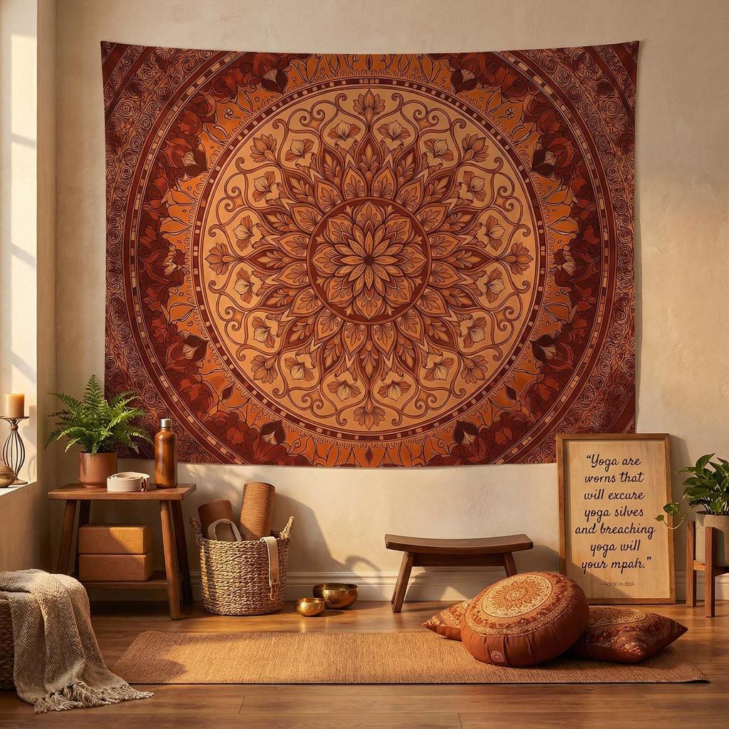 Black & Gold Mandala Tapestry, Elegant Wall Hanging with Intricate Golden Floral Pattern On Black Background, for Bedroom Decor