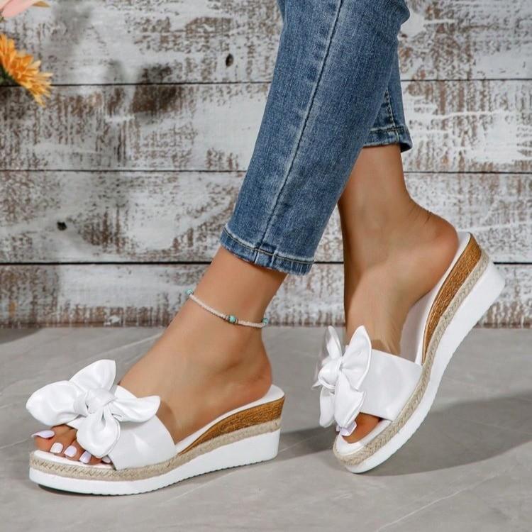 Fashion Slippers Women Slides Beach Wedges Mid Heels Butterfly knot Shoes Women Solid Leather Platform Summer Shoes Plus Size