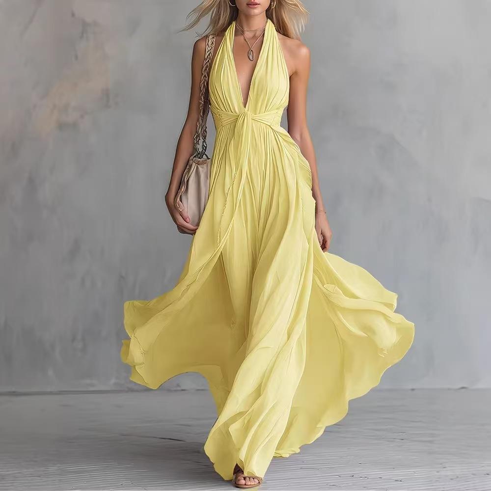 New solid color TK sleeveless waist dress sexy European and American V-neck women's clothing