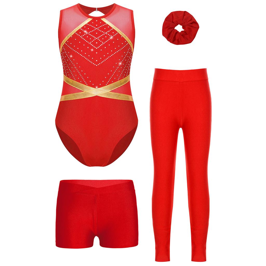 Complete 4Pcs Performance Set for Girls Keyhole Back Rhinestone Leotard with V-front Shorts & Headwear
