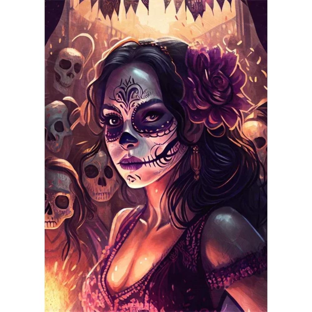 Festive and Mysterious Mexican Girl Day of Dead Gothic Sugar Skulls Canvas Painting Posters Prints Wall Art Picture Home Decor