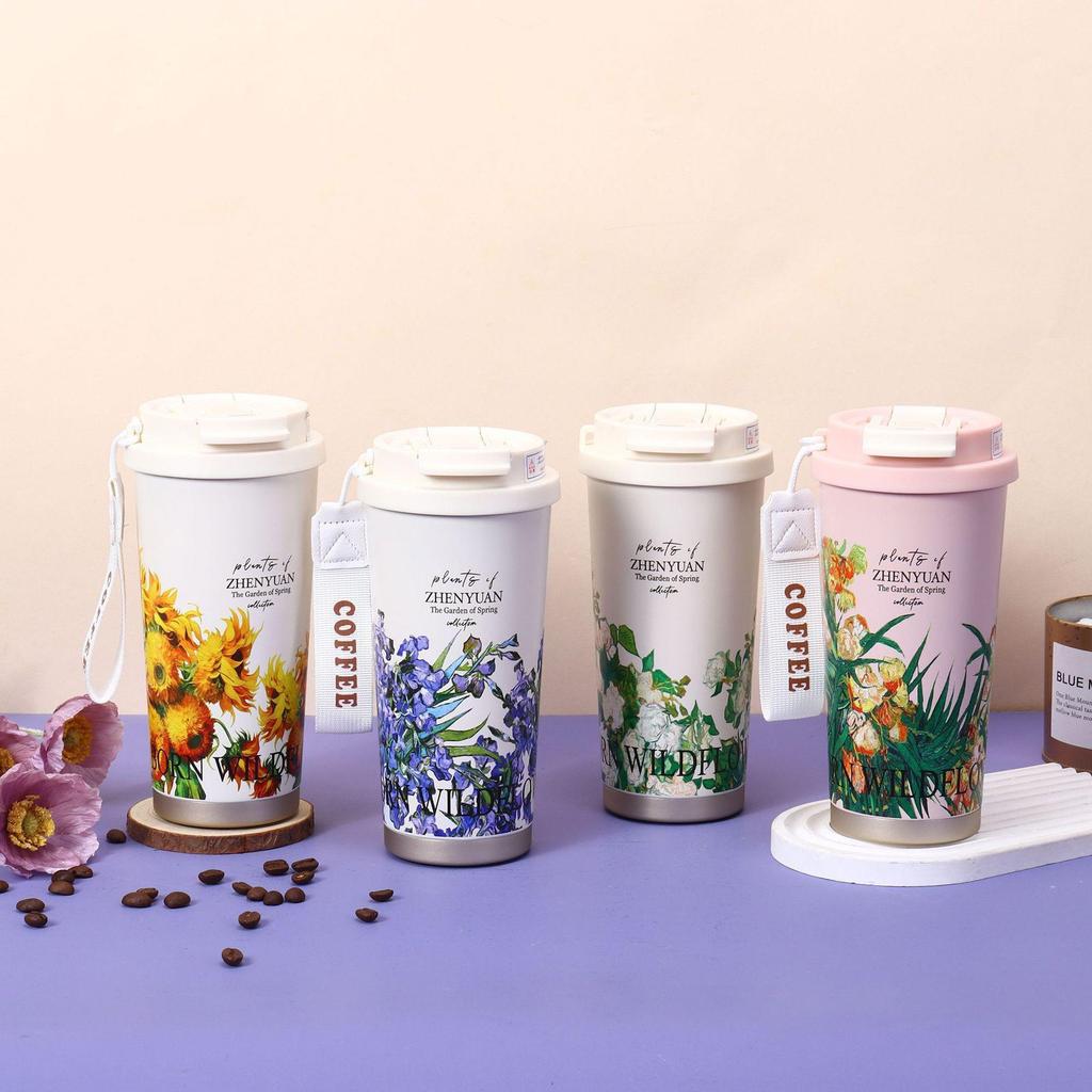 Maiglöckchen Edelstahl Isolierkaffeetasse - Großes Fassungsvermögen, Tragbar, mit Strohhalm für Draußen