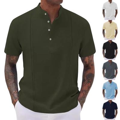 Męski letni T-shirt Brytyjski luźny w paski Jednolity kolor Krótki rękaw Kołnierzyk Top