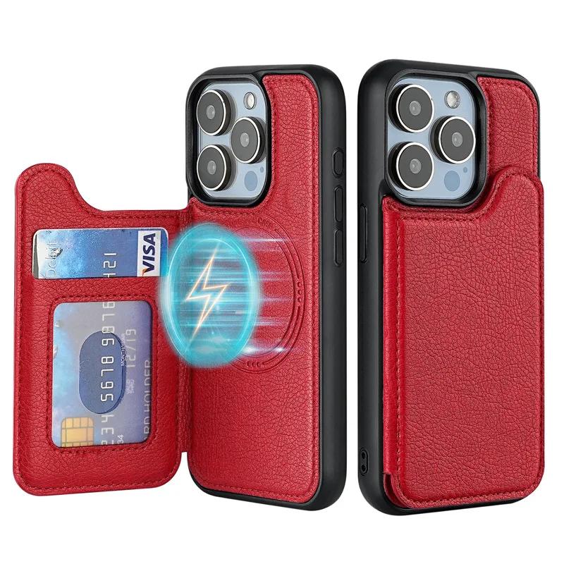 For Magsafe Magnetic Leather Phone Case for IPhone 17 Air 16E 16 15 Plus 14 13 12 Pro Max Wallet with Card Holder Cover