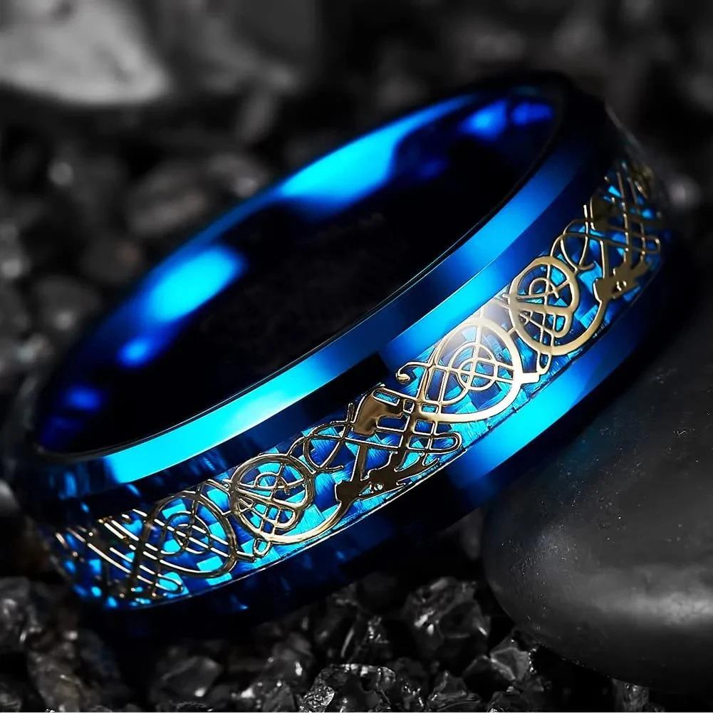 Fashion 8mm Men Stainless Steel Celtic Dragon Rings Inlay Blue Carbon Fiber Rings For Men Women Wedding Band Jewelry