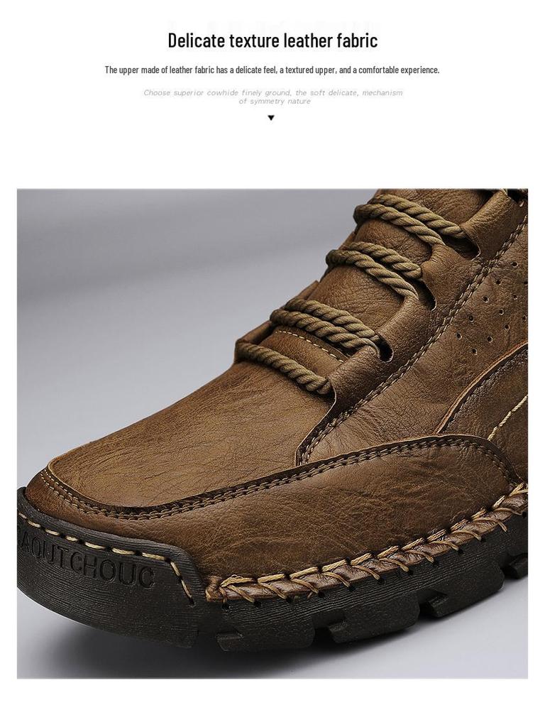 Men's Plus-Size Handmade Leather Ankle Boots: Fashionable Lace-Up Casual Shoes