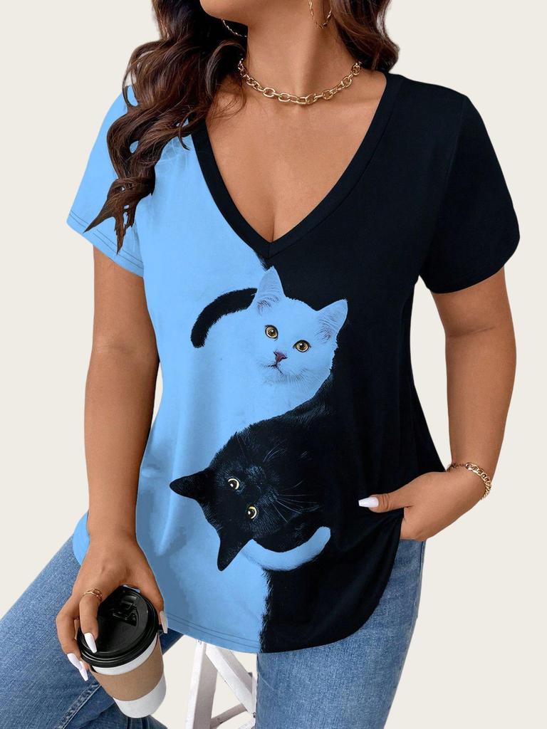 Europeisk och Amerikansk Dam Plus Size 2025 V-ringad Kattmönster Färgblock Kortärmad Casual Topp