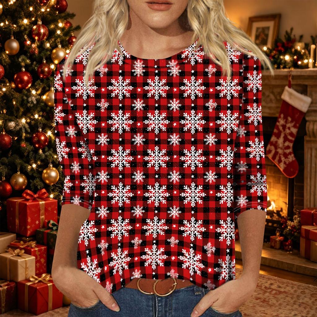 Women's Casual Christmas Print Neck Three-Quarter Sleeve T-Shirt
