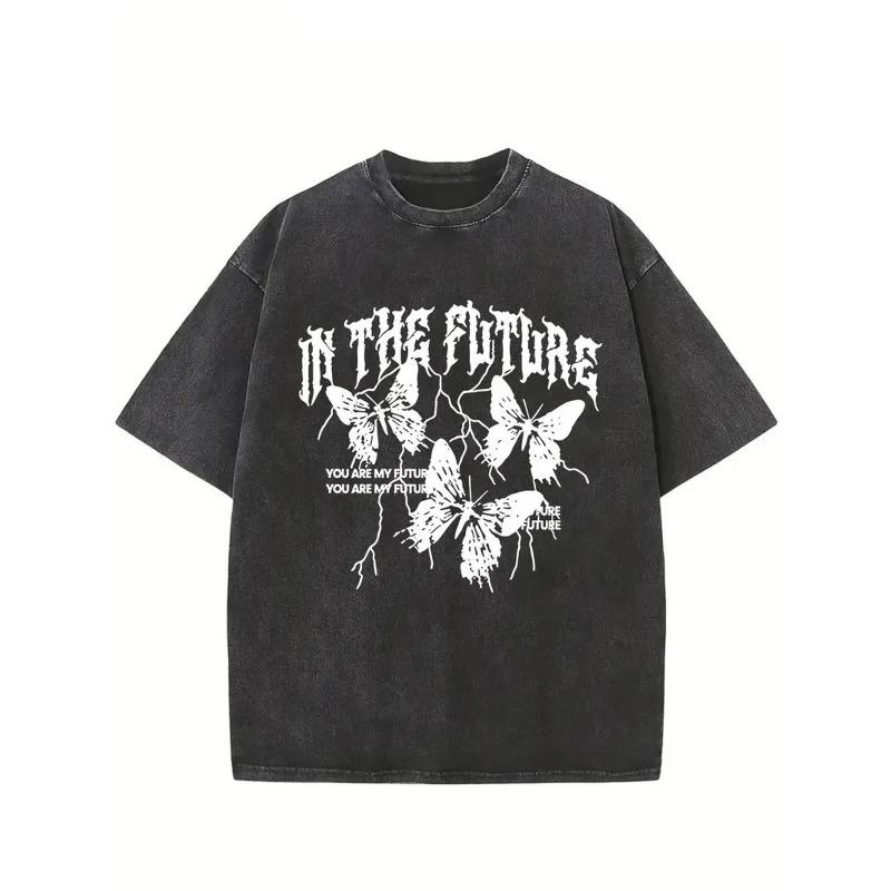 

Washed, Printed Butterfly Design, Pure Vintage Trendy Men S T-Shirt, Short-Sleeved Round-Neck T-Shirt, with Certain Thickness Suitable for Summer Wear S чёрный
