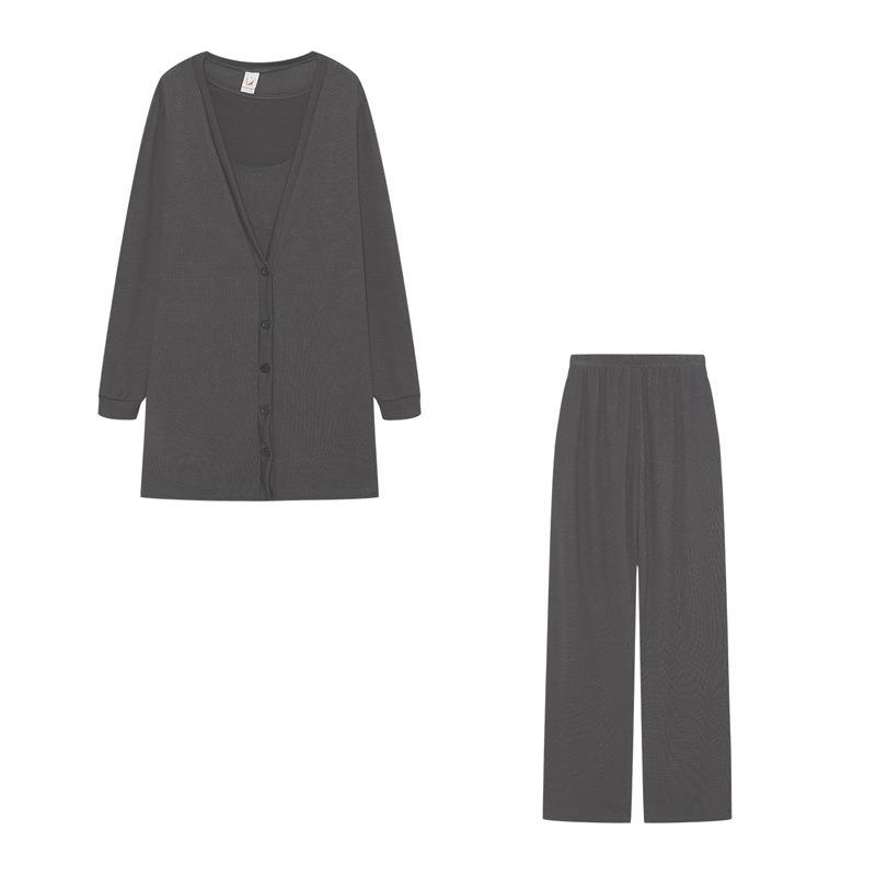 

Вязаный летний женский комплект из трех предметов: пальто, жилет и брюки XXXXXL темно-серого