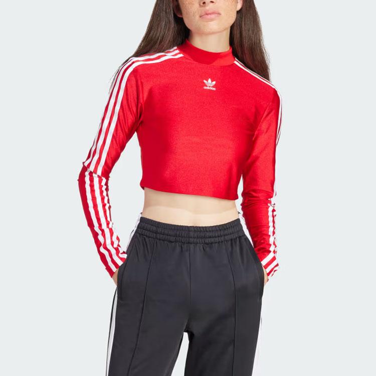 Adidas Originals 3-Stripes Cropped Long-Sleeve High-Neck Top Women Tops Red IR8132