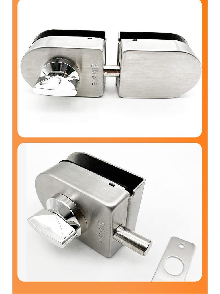 304 Stainless Steel Frameless Glass Door Bolt Lock for Single/Double Doors, No-Drill Padlock