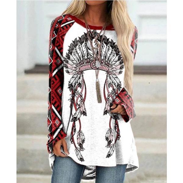 Round Neck 3D Ethnic Style Printed Top Fashionable Casual Long Sleeved Women's T-shirts