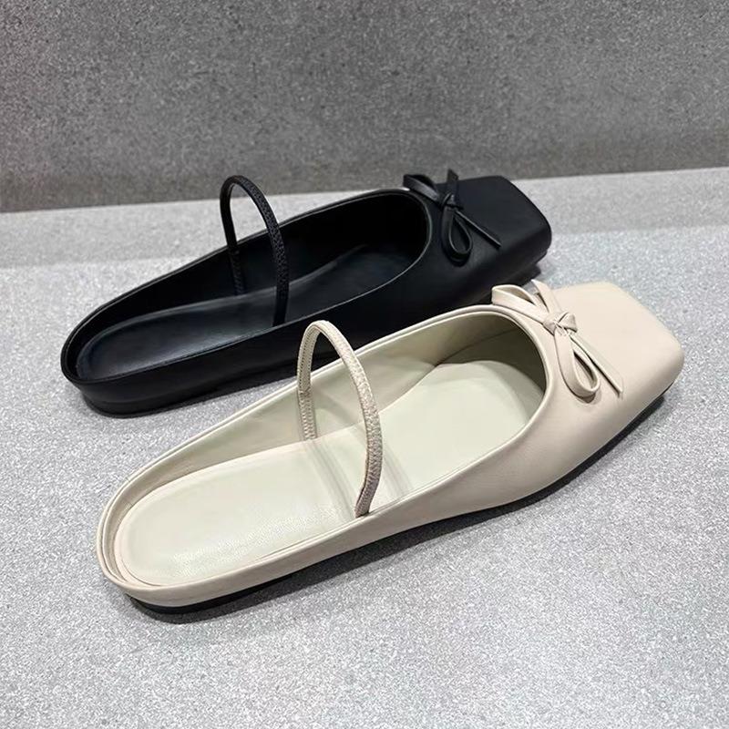 Xiao K autumn new flat bottom one word with bow square head slippers women