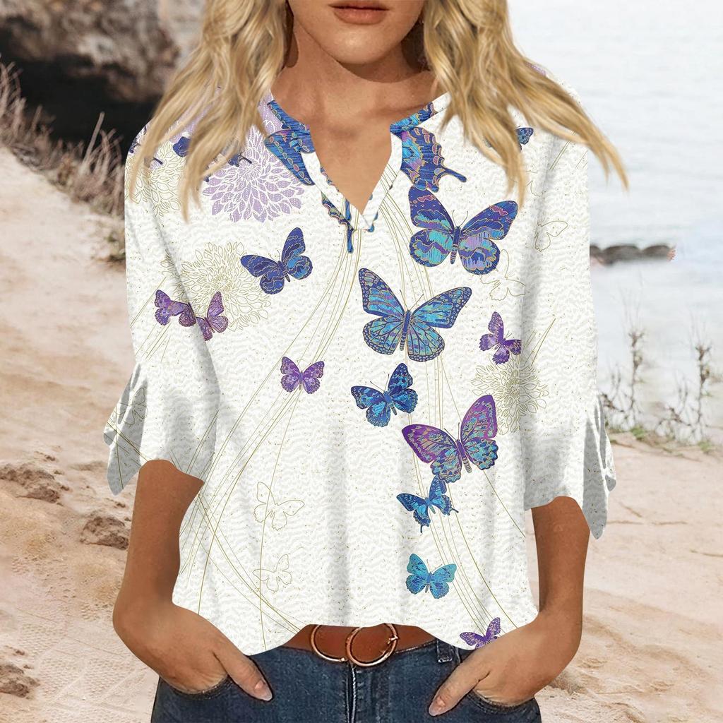 3/4 Sleeve Shirts For Women Pattern Print Graphic Tees Blouses Casual Plus Size Basic Tops Pullover