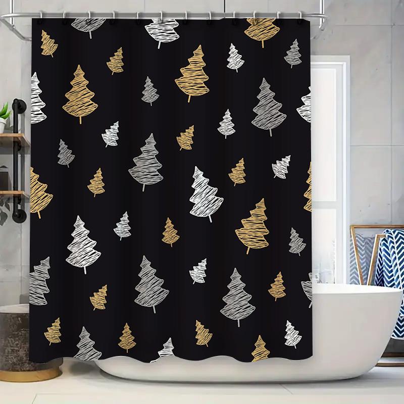 GAEModern Christmas Tree Shower Curtain Black White Gold Bathroom Decor Waterproof Fabric Washable Black Gold 90x180cm