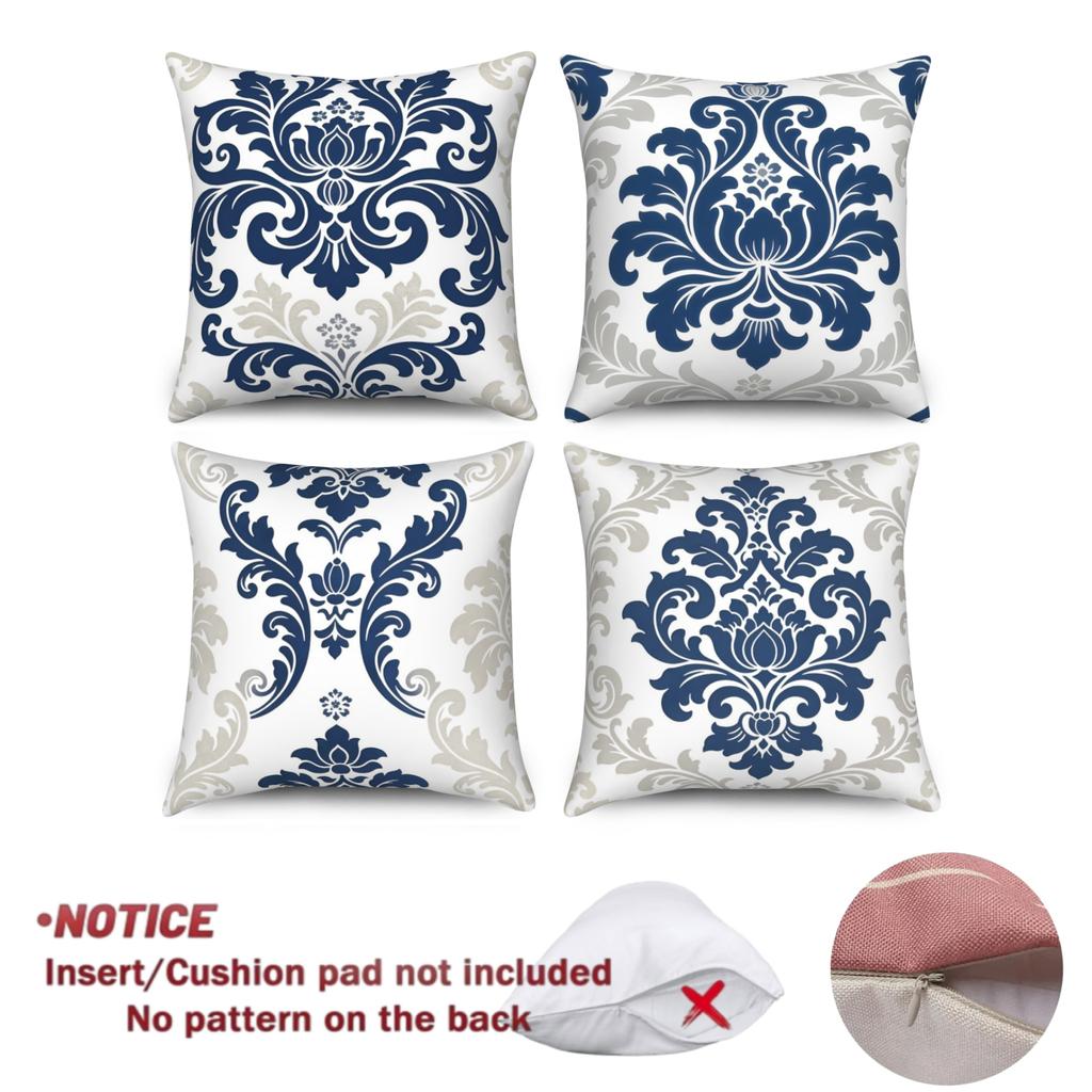 4Pcs/Set Navy Blue Damask Throw Pillow Covers, White Grey Floral Cushion Cases, Polyester/Linen, No Insert, Elegant Home Decor