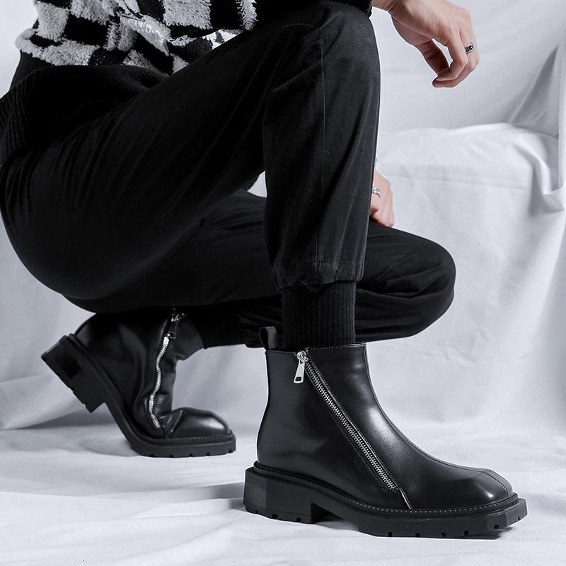 2025 Autumn Men's Mid-Heel Square Toe Martin Boots with Side Zipper