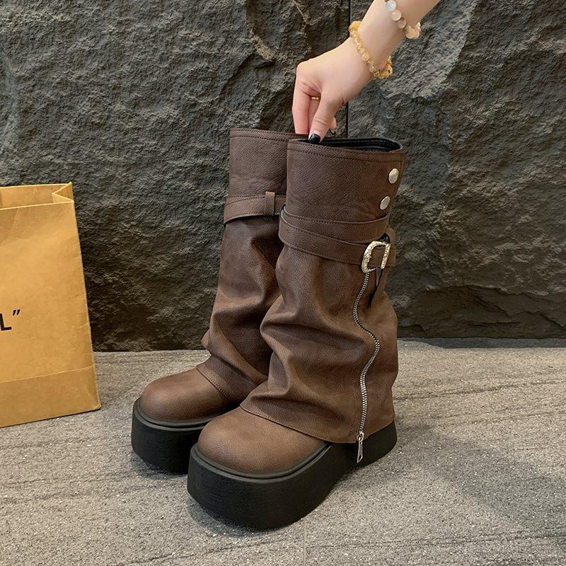 Long boots, high boots, small men, spring and autumn heightening trousers, stacking new muffin boots, thick-soled folds, retro