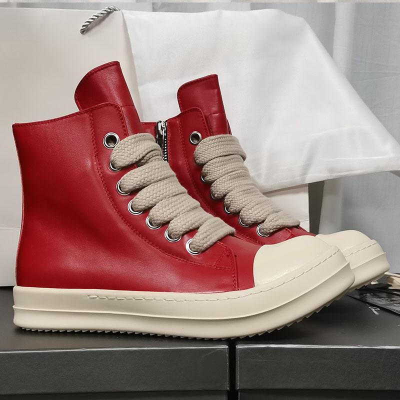High Top Genuine Leather Men and Women's Casual Shoes Round Toe Side Zippers Ankle Boots Lace Up Unisex Counple Sneakers Shoes
