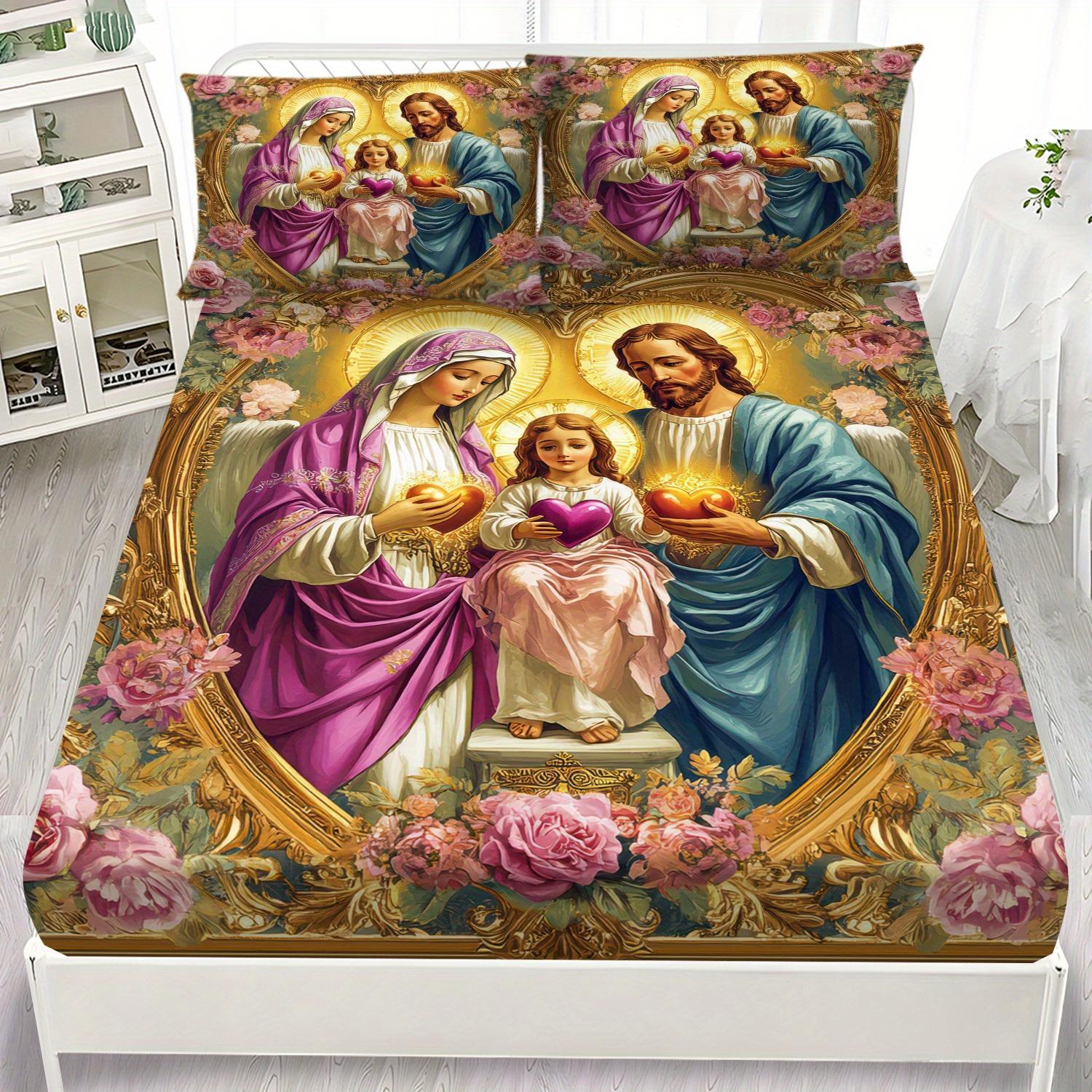 

Latacaca 3pcs Merry Christmas Religious Family Floral Winter Fitted Sheet Set 1 Fitted Sheet and 2 Pillowcases Bedding Set EU Twin(135x200cm)