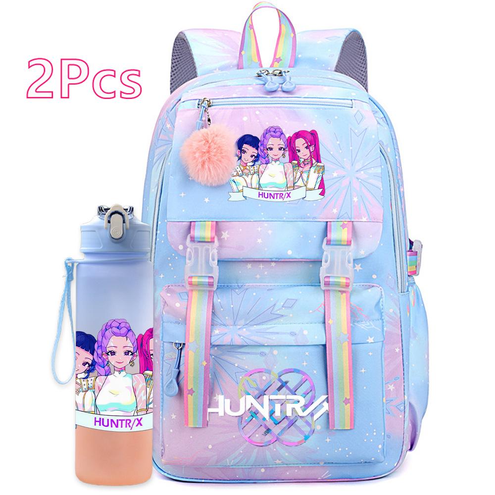 2 ks/sada Roztomilý Anime Kpop Potištěný Batoh s 750ml Lahví na Vodu Cestovní Taška s Velkou Kapacitou pro Dívku Teenagera Chlapce Školní Taška Dětský Dárek Mochila