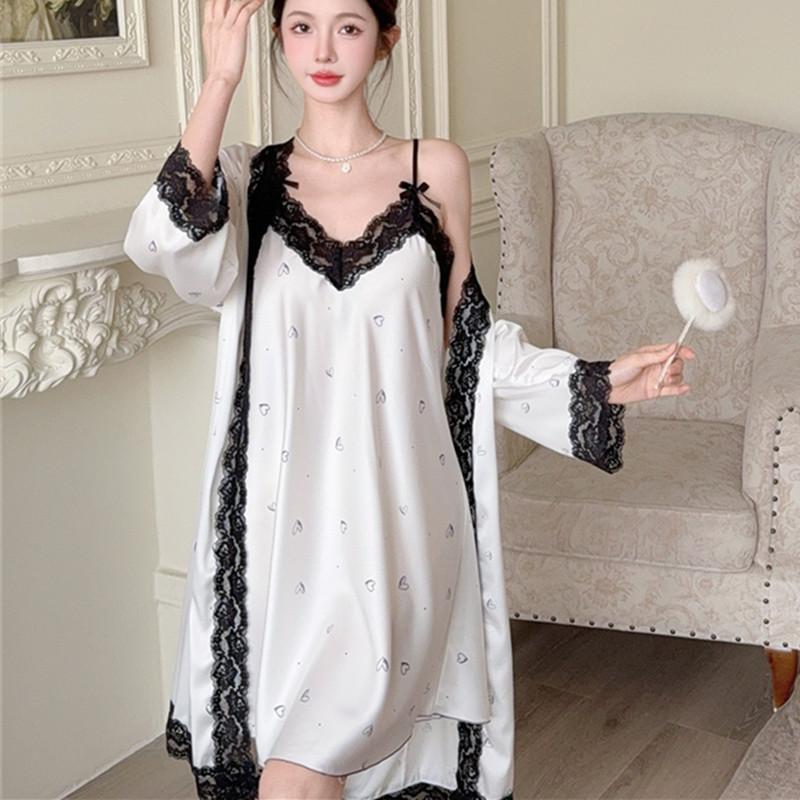 Ice silk pure desire wind suspender nightdress spring and summer sexy lace nightgown high sense two-piece set sweet loungewear women