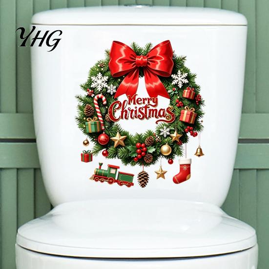Waterproof Seasonal Wall Decor Christmas Wreath Toilet Decal, Merry Bow Seat Sticker, Self Adhesive Lid Decal Tank Decals, Self-Adhesive Bathroom