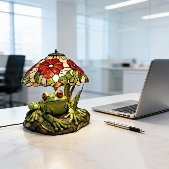 Frosch & Blume Tischlampe Handgefertigtes Harzdekor mit Warmem Schein Dekorative Nachtleuchte für Schlafzimmer