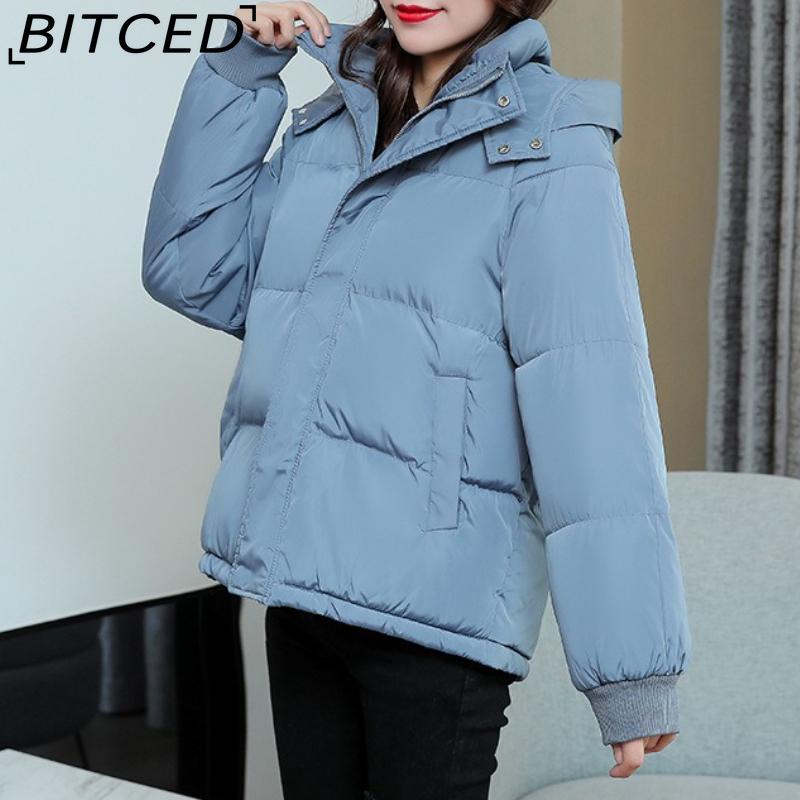 

BITCED Женская короткая зимняя куртка-пуховик - Свободного кроя, утолщенное хлопковое пальто XXL синий