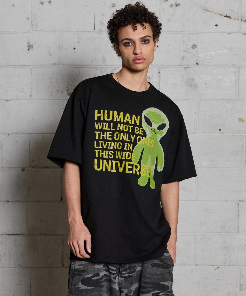 HOODHOOD Alien Slogan Short Sleeve T-Shirt Black