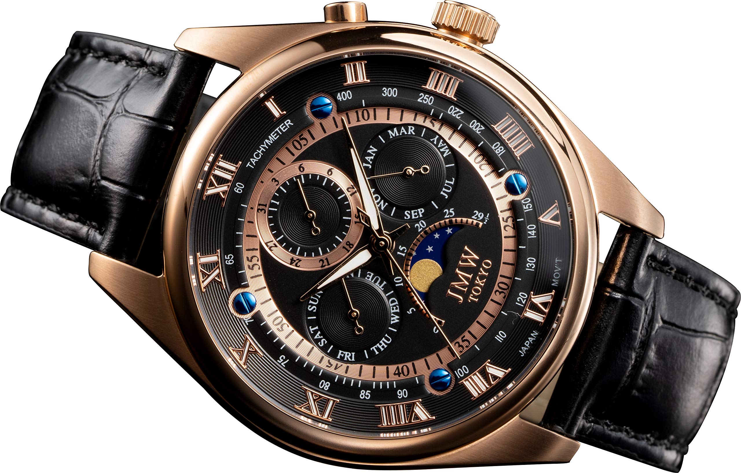 Premium Moon Phase Genuine Leather Roman Numeral 100m Water Tachymeter Day Gift Present Edition of 300 Day Gift Present JMW TOKYOMen s Watch,