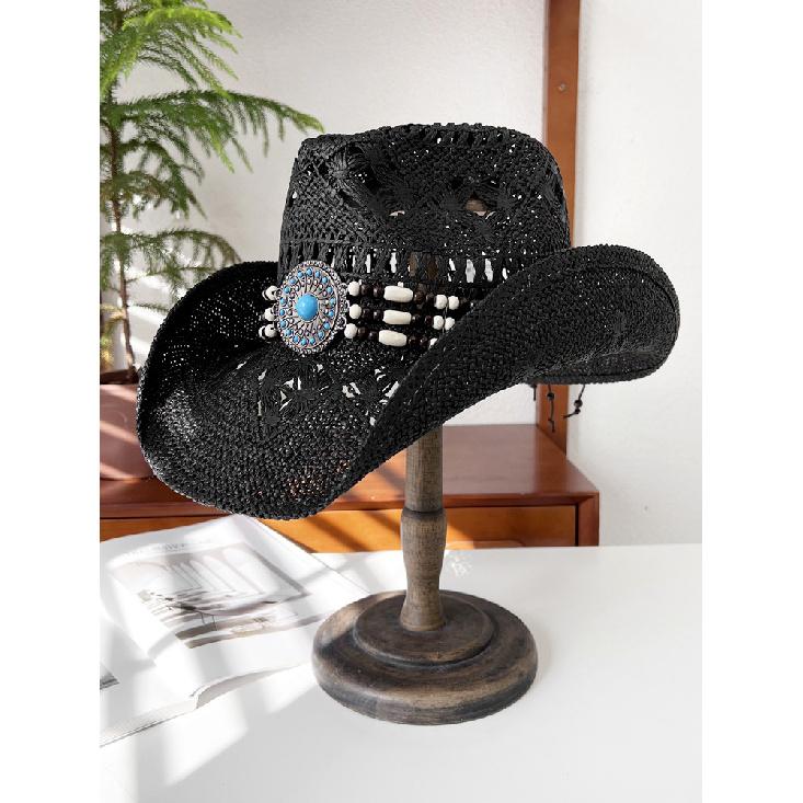 Hollowed-out straw knight hat for women, summer ethnic style sun protection hat, western cowboy straw hat, men's sun hat