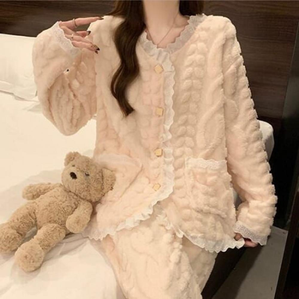 Navava Women Cozy Lace Wool Pajamas Long Sleeve Two Piece Set Nt2036