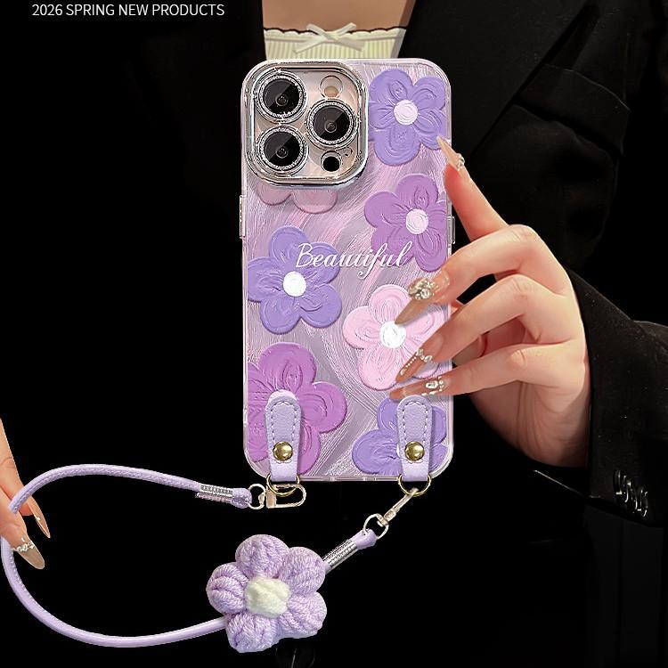 Oil painting flower lanyard for Apple 17 feather yarn mobile phone case iphone15promax Xiaomi vivo Huawei 16